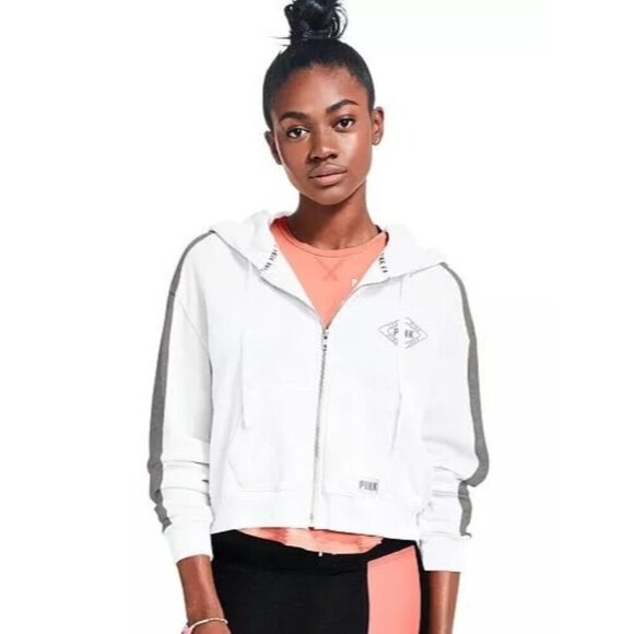 Victorias Secret Pink Cropped Zip-Up Hoodie Sweatshirt Love Pink Logo Size M - Picture 1 of 8